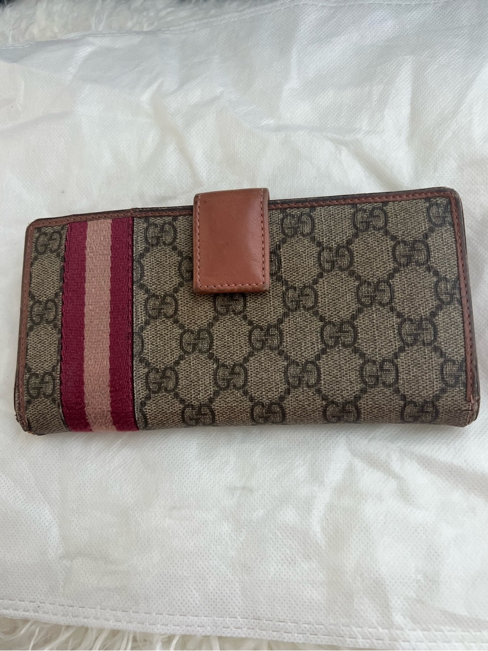 Gucci Brown Monogram Wallet with Red and Pink Stripe